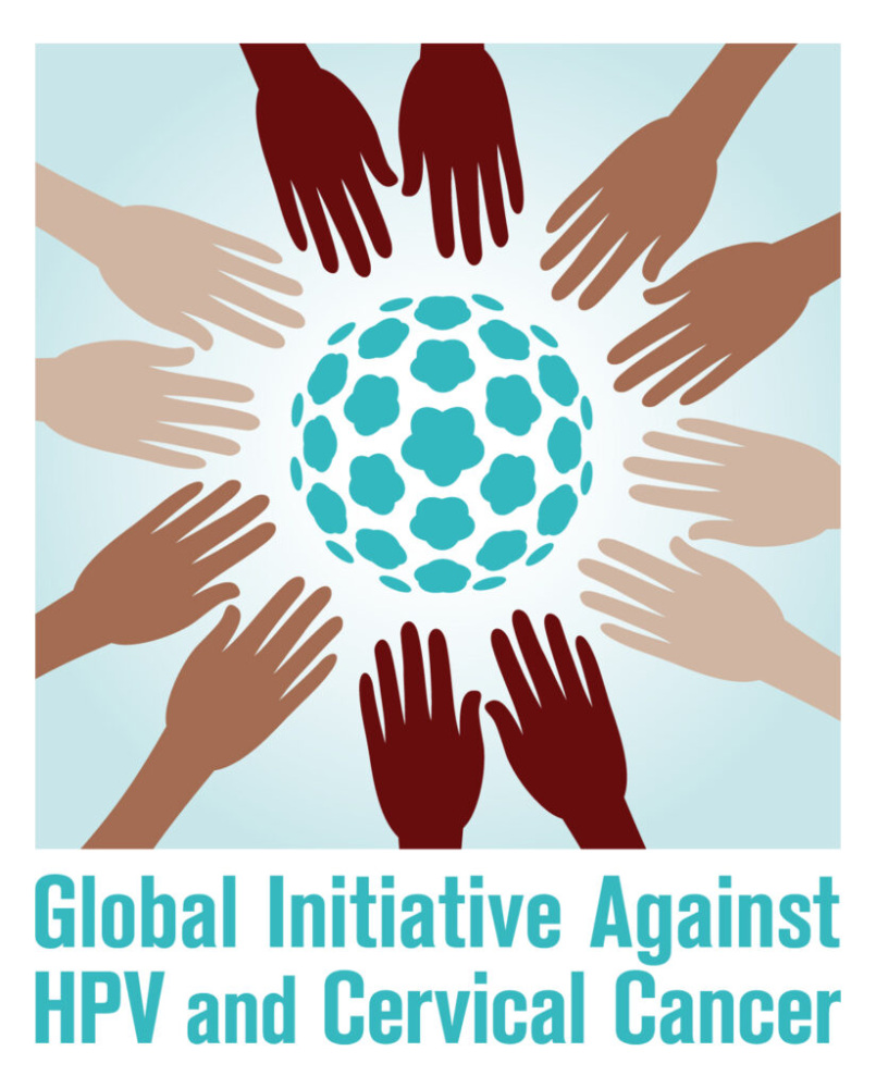 The logo illustration for Global Initiative Against HPV and Cervical Cancer. It shows pairs hands of many colors circling a round object that appears to mimic the cells of a cervical cancer.