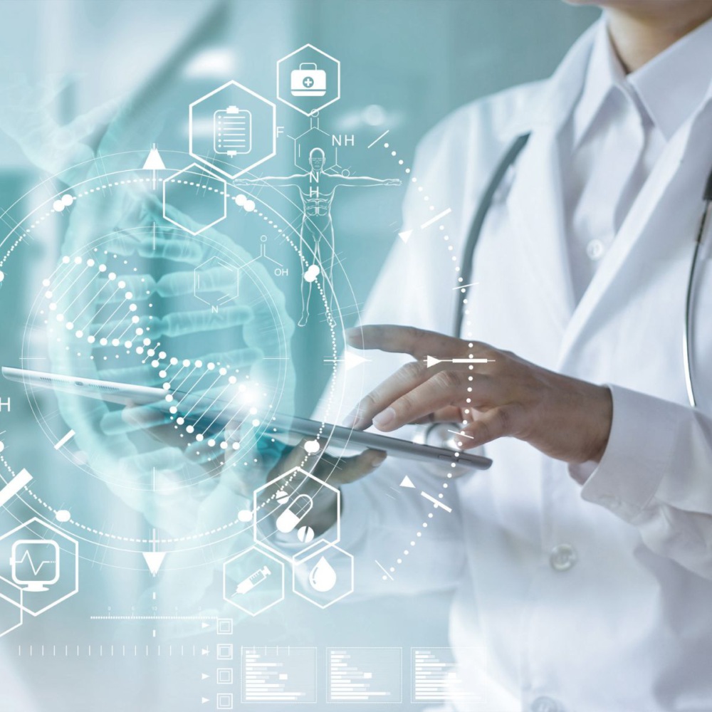 A person in a lab coat with a graphic overlay of equations.