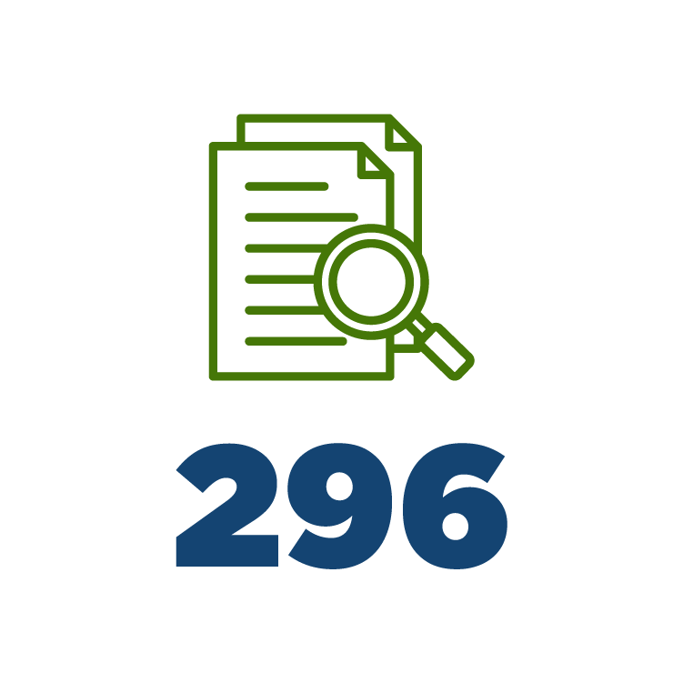 An icon illustration of papers and a magnifying glass is shown above the number 296.