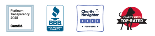 A list of four charity seals from Guidestar, Better Business Bureau, Charity Navigator and Charity Watch.