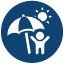 Icon illustration of a young child underneath a beach umbrella that is blocking the sun.
